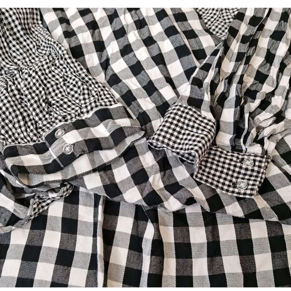Fourteen Place Tasseled Tie Wrap Shirt Woman XL Black Patchwork Plaid Preppy New - Picture 11 of 13
